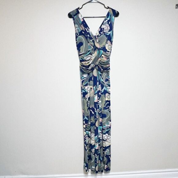 Onjenu London Koi Fish Sleeveless V Neck Navy Jersey Maxi Dress Size 4 - Picture 2 of 5